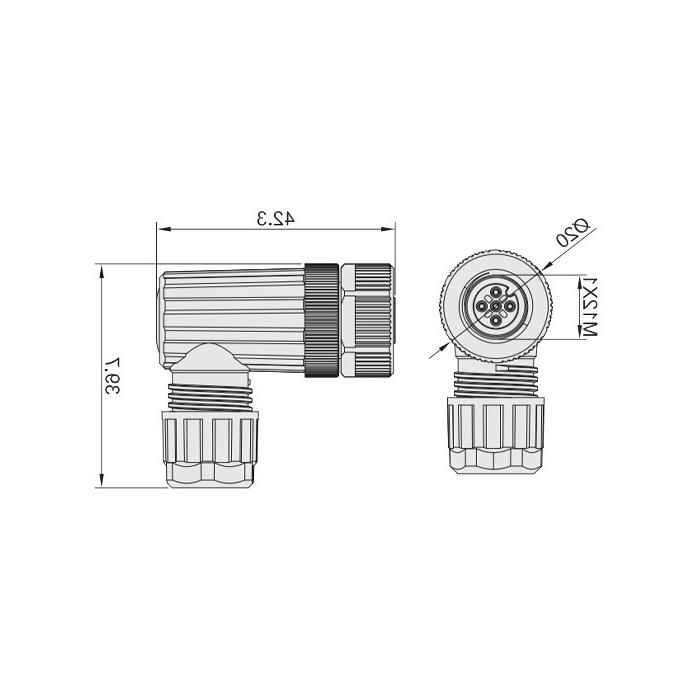 M12 5Pin、母头90°、食品級、螺钉连接、64F249