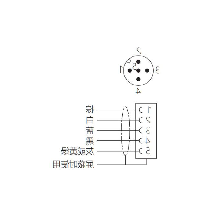 M12 5Pin 、公头90°、引脚5黄绿、单端预铸PUR柔性电缆、黑色护套、64S569-XXX